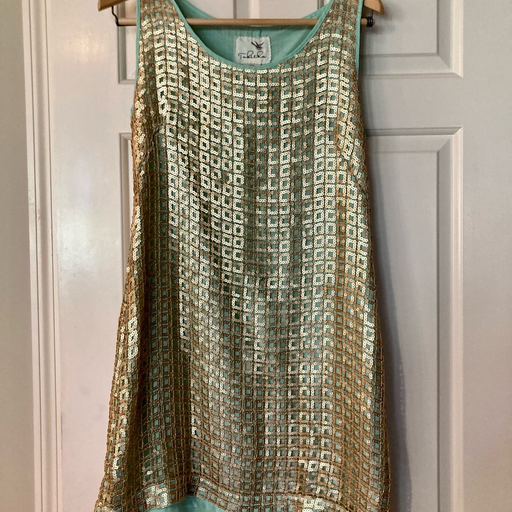 Anthropologie | Tabitha Golden Pane Shift Sequin Grid Overlay Mint Green Sz 6 - Picture 6 of 16